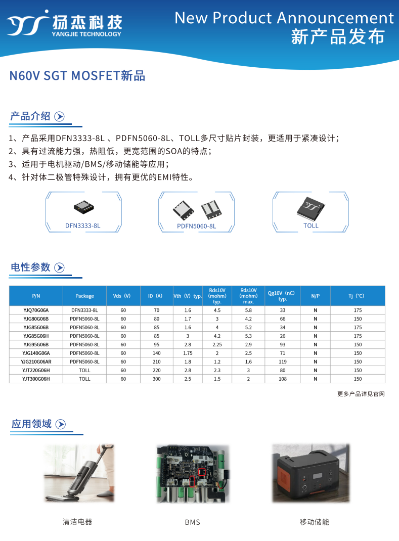 揚傑60V低壓MOS SGT新品發布